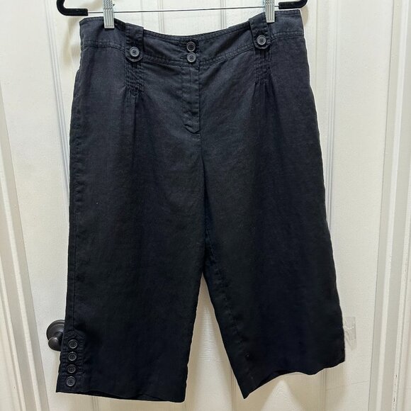 Ann Taylor Loft Women's 100% Linen Pleated Capri Pant Size 12P Black Wide Legs - Picture 2 of 15